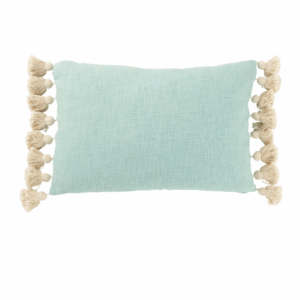 Coussin rectangle avec pompons en coton/polyester bleu cyan
