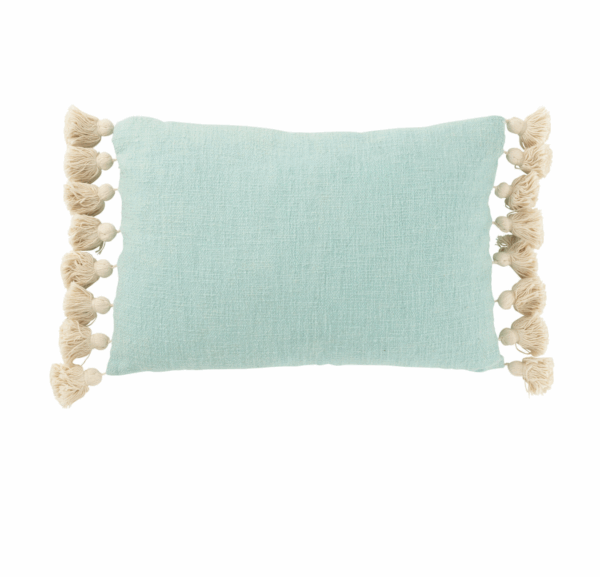 Coussin rectangle avec pompons en coton/polyester bleu cyan