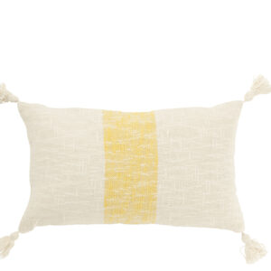 Coussin rectangle à rayures et pompons en coton blanc/jaune