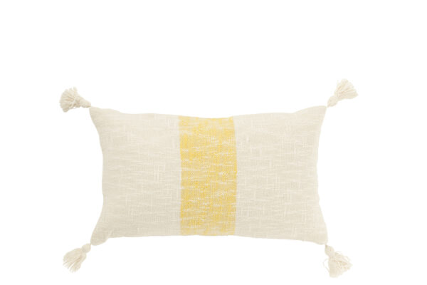 Coussin rectangle à rayures et pompons en coton blanc/jaune