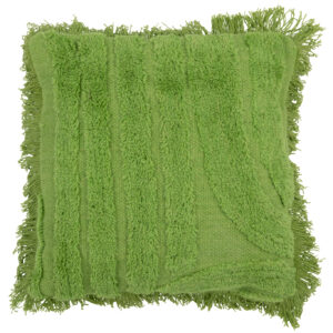 Coussin à courbes capitonnées/franges en laine verte