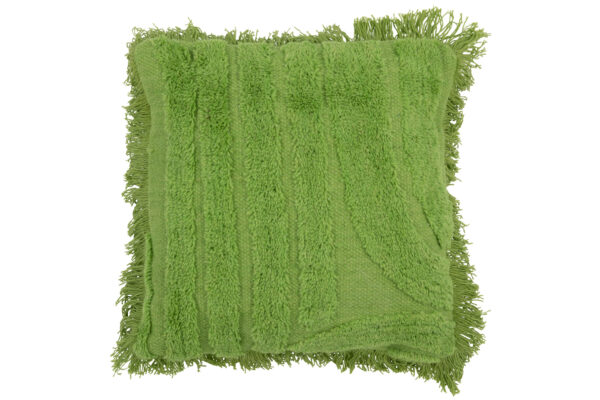 Coussin à courbes capitonnées/franges en laine verte