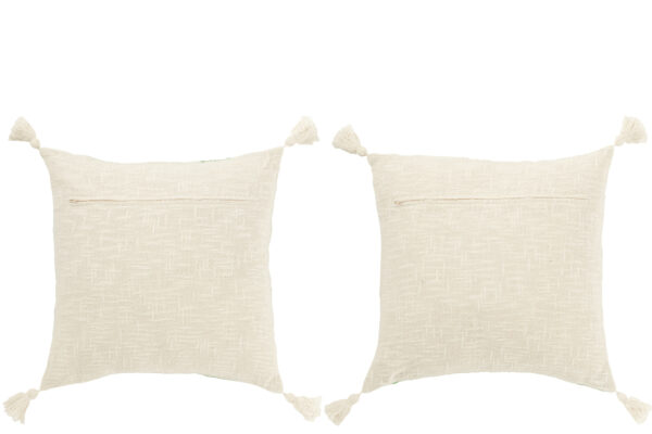 Coussin carré à rayures + pompons en coton blanc/vert assortiment de 2 – Image 2