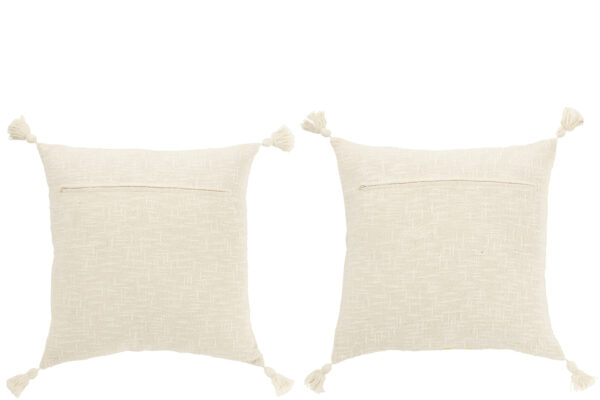 Coussin carré à rayures + pompons en coton blanc/jaune assortiment de 2 – Image 2