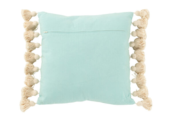 Coussin carré avec pompons en coton/polyester bleu cyan – Image 2