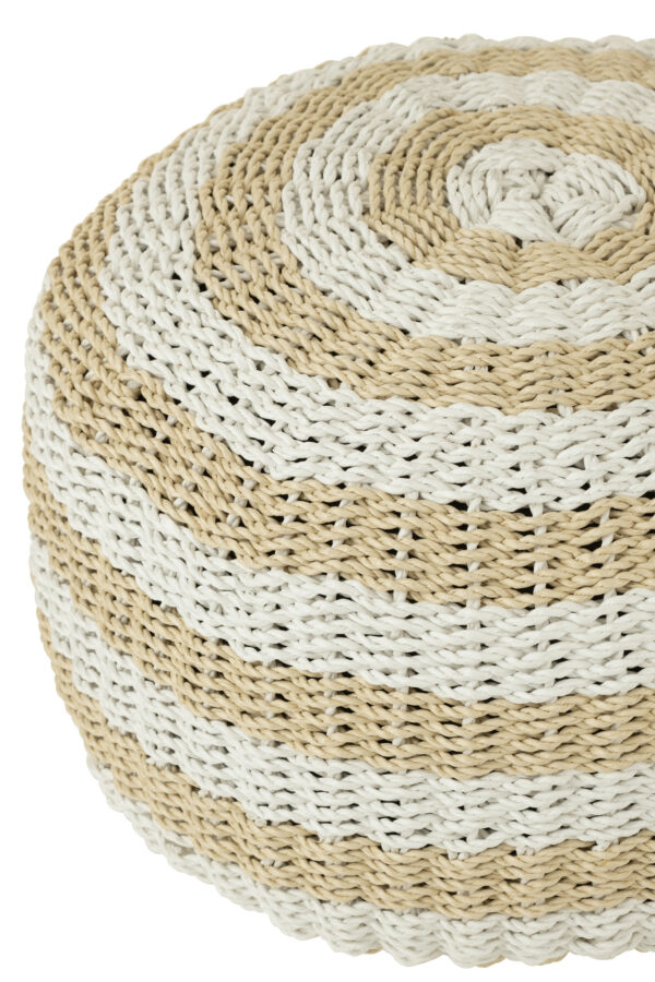 Pouf Rond à Rayures en Plastique Tissé Blanc/Naturel – Image 2