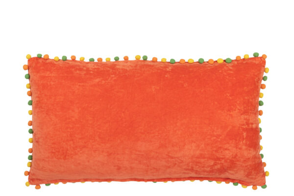 Coussin rectangle en velours orange avec fleurs et pompons. – Image 2