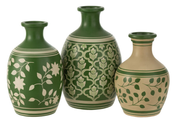 Vase Fleurs+Lignes Terre Cuite Vert/Blanc – Image 2