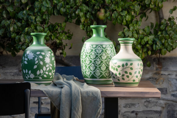 Vase Fleurs+Lignes Terre Cuite Vert/Blanc – Image 3