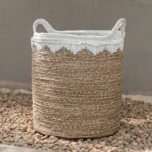 Grand panier à linge rond panier de rangement panier à plantes tissé en fibres naturelles NIAS blanc (2 tailles)