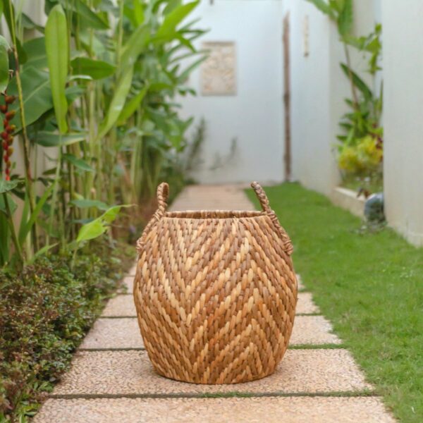 Grand panier à linge panier de rangement panier décoratif panier rond panier WAYAG en jacinthe d'eau tissée avec motif zigzag beige et marron – Image 4