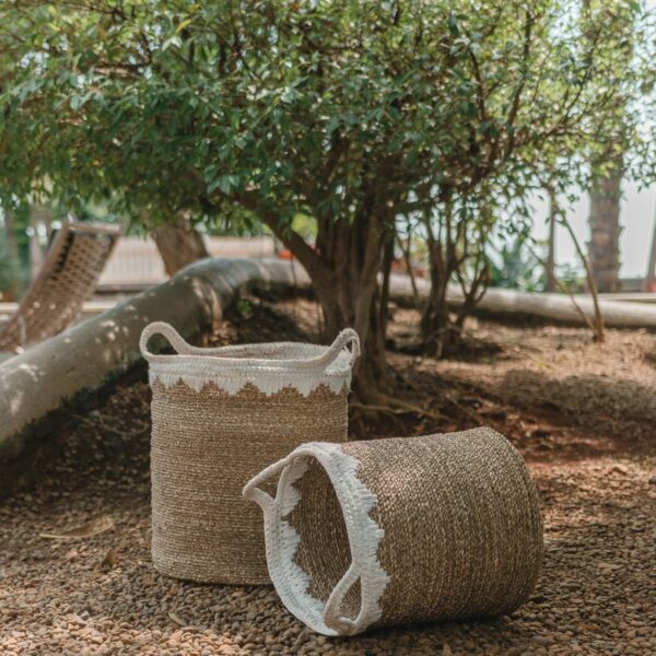 Grand panier à linge rond panier de rangement panier à plantes tissé en fibres naturelles NIAS blanc (2 tailles) – Image 2