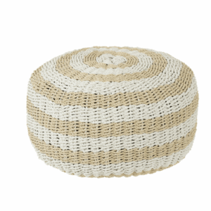 Pouf Rond à Rayures en Plastique Tissé Blanc/Naturel