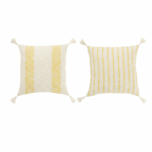 Coussin carré à rayures + pompons en coton blanc/jaune assortiment de 2
