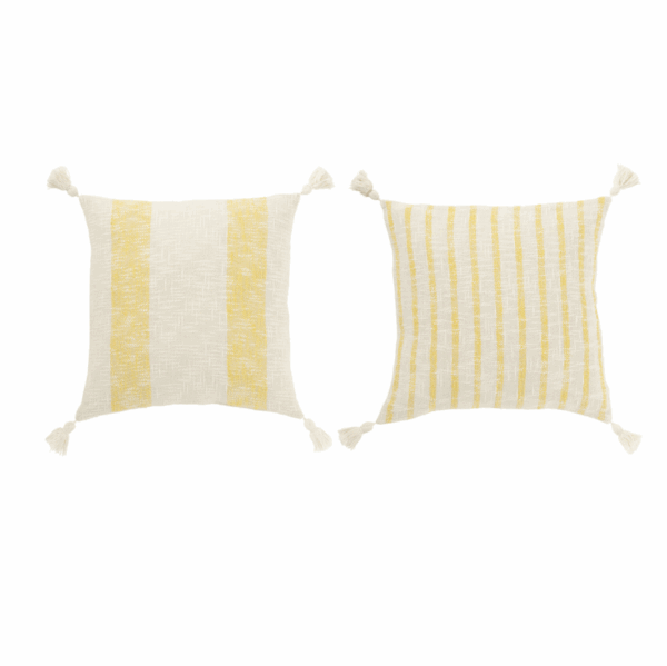 Coussin carré à rayures + pompons en coton blanc/jaune assortiment de 2