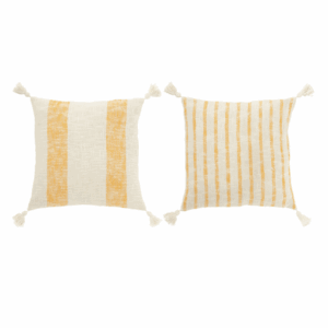Coussin carré à rayures + pompons en coton blanc/orange assortiment de 2