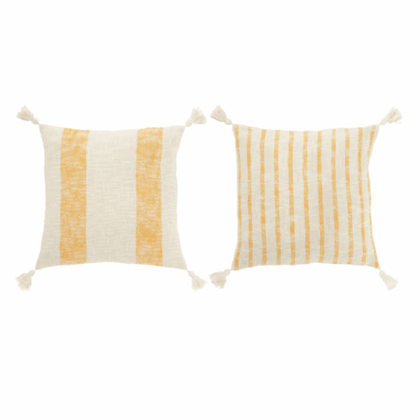 Coussin carré à rayures + pompons en coton blanc/orange assortiment de 2