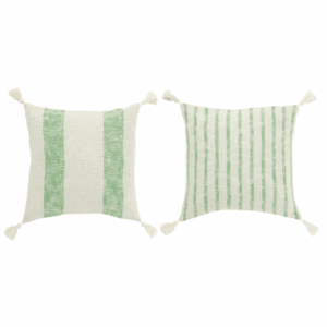 Coussin carré à rayures + pompons en coton blanc/vert assortiment de 2