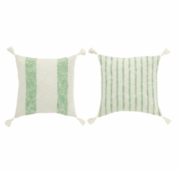 Coussin carré à rayures + pompons en coton blanc/vert assortiment de 2