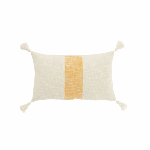 Coussin rectangle à rayures et pompons en coton blanc/orange