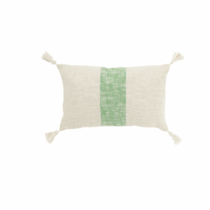 Coussin rectangle à rayures + pompons en coton blanc/vert