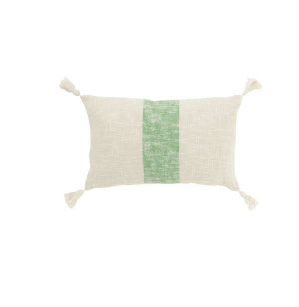 Coussin rectangle à rayures + pompons en coton blanc/vert