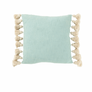 Coussin carré avec pompons en coton/polyester bleu cyan