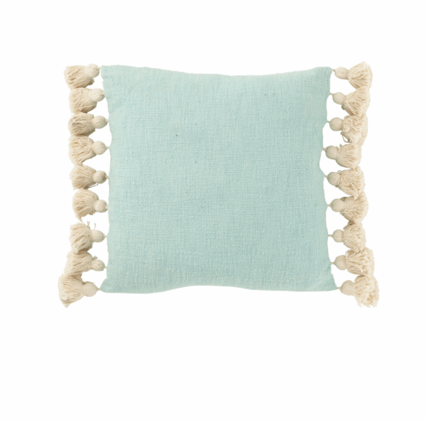 Coussin carré avec pompons en coton/polyester bleu cyan