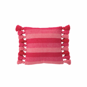 Rayures de coussin + pompons en coton rose
