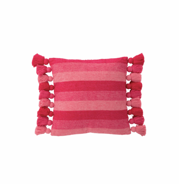 Rayures de coussin + pompons en coton rose