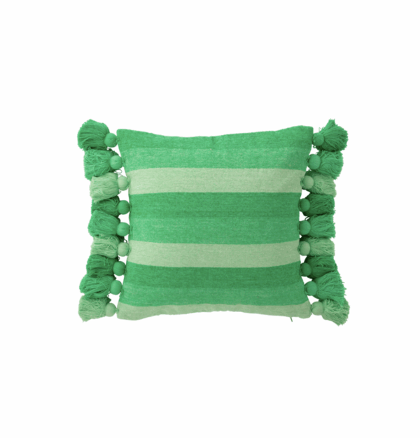 Rayures de coussin + pompons en coton vert