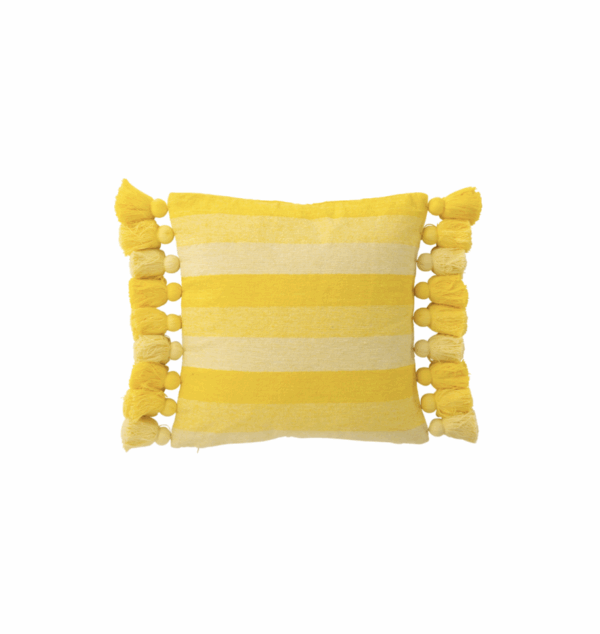 Rayures de coussin + pompons en coton jaune