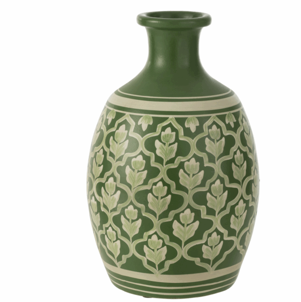 Vase Fleurs+Lignes Terre Cuite Vert/Blanc