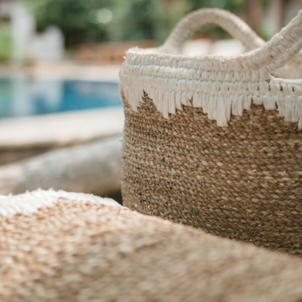 Grand panier à linge rond panier de rangement panier à plantes tissé en fibres naturelles NIAS blanc (2 tailles) – Image 5