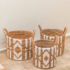 Panier à Linge Panier à Plantes Grand Panier de Rangement Rond NASARI en Fibre de Bananier avec Motif Macramé en Coton