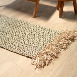 Tapis en jonc de mer à pompons 120x60 cm Tapis bohème tissé en jonc de mer BARA