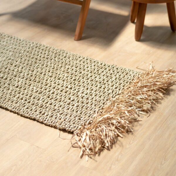 Tapis en jonc de mer à pompons 120x60 cm Tapis bohème tissé en jonc de mer BARA