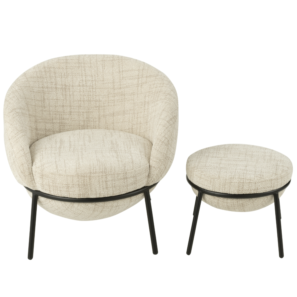 Fauteuil de salon + Repose-pieds en fer beige/noir