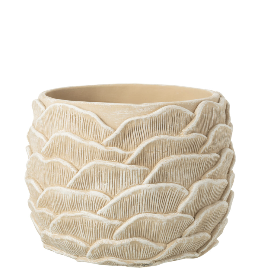 Grand pot de fleur rond en ciment relief beige