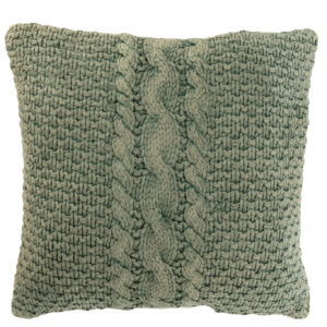 Coussin tricoté en coton lavé vert avec tresse.