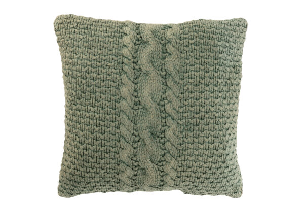 Coussin tricoté en coton lavé vert avec tresse.