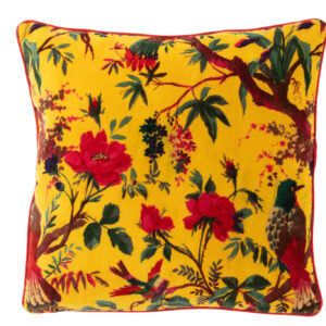 Coussin Oiseaux/Fleurs Velours de Coton Jaune