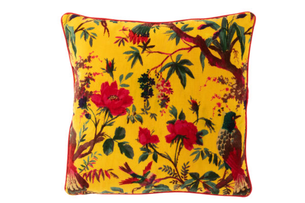 Coussin Oiseaux/Fleurs Velours de Coton Jaune