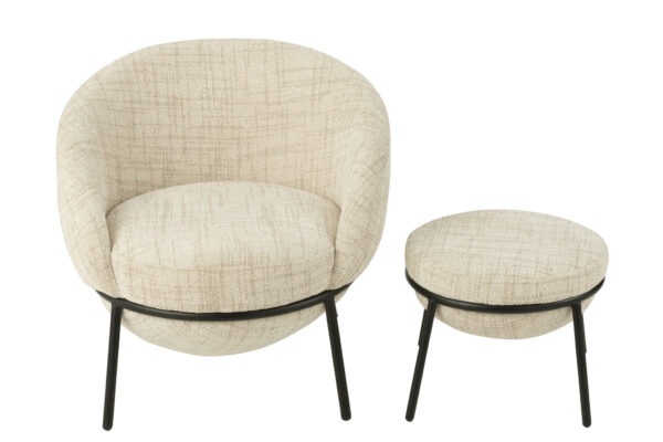 Fauteuil de salon + Repose-pieds en fer beige/noir