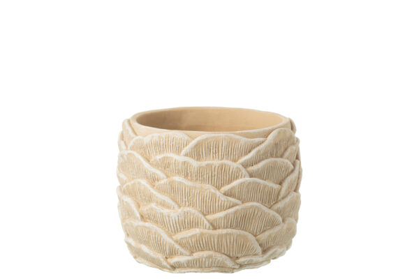 Pot de fleur rond en ciment relief beige moyen – Image 2