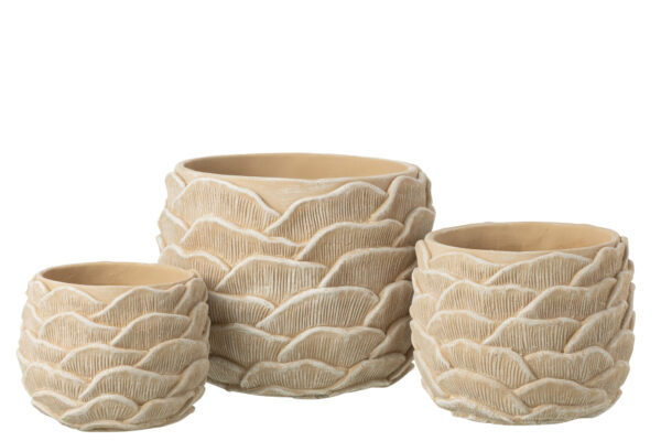 Grand pot de fleur rond en ciment relief beige