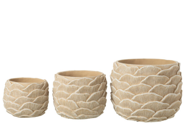 Grand pot de fleur rond en ciment relief beige – Image 2