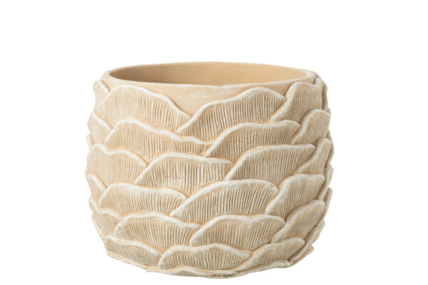 Grand pot de fleur rond en ciment relief beige – Image 4